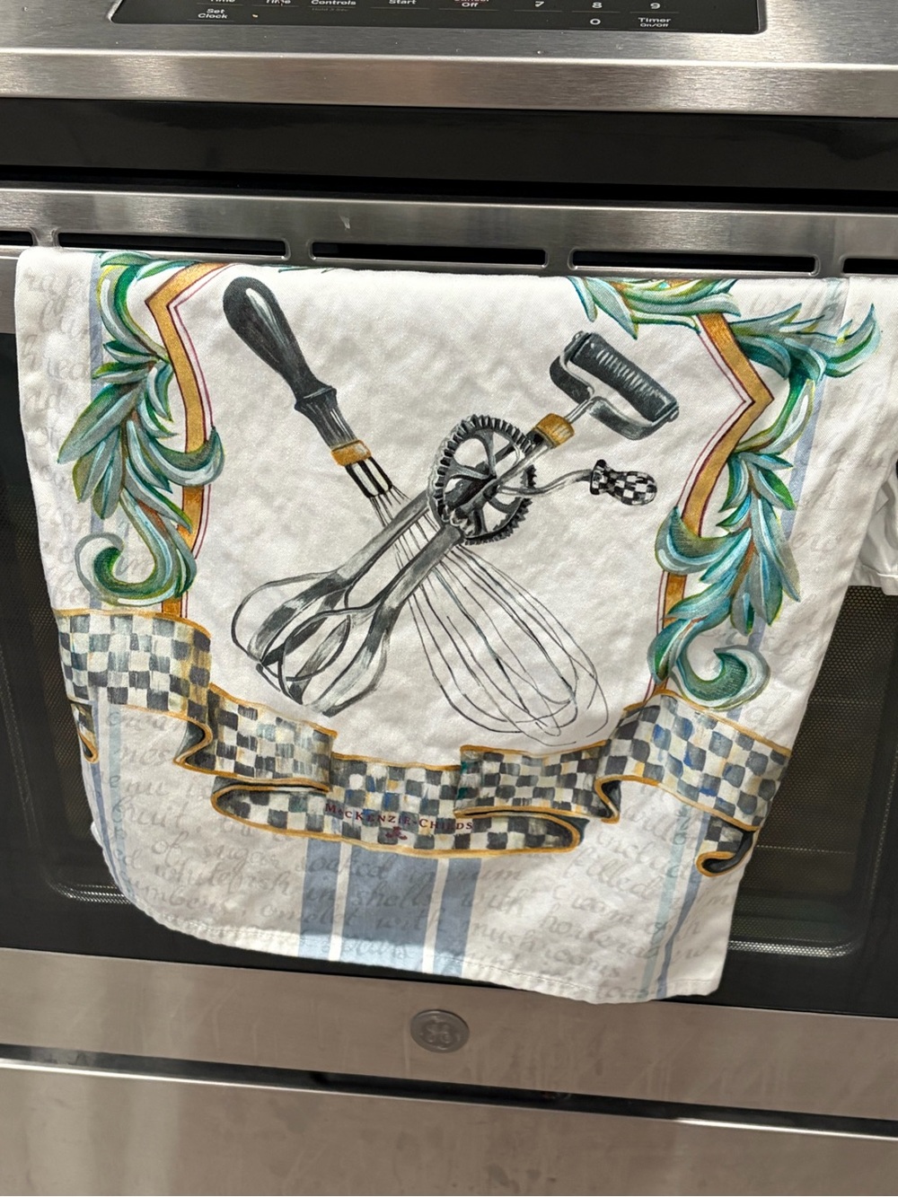 MacKenzie-Childs Kitchen Towel with Green Scroll and Checkerboard Accents